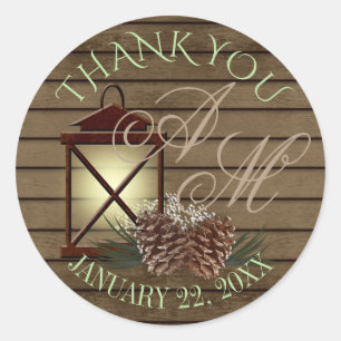Lantern and Pine Rustic Winter Monogram Classic Round Sticker