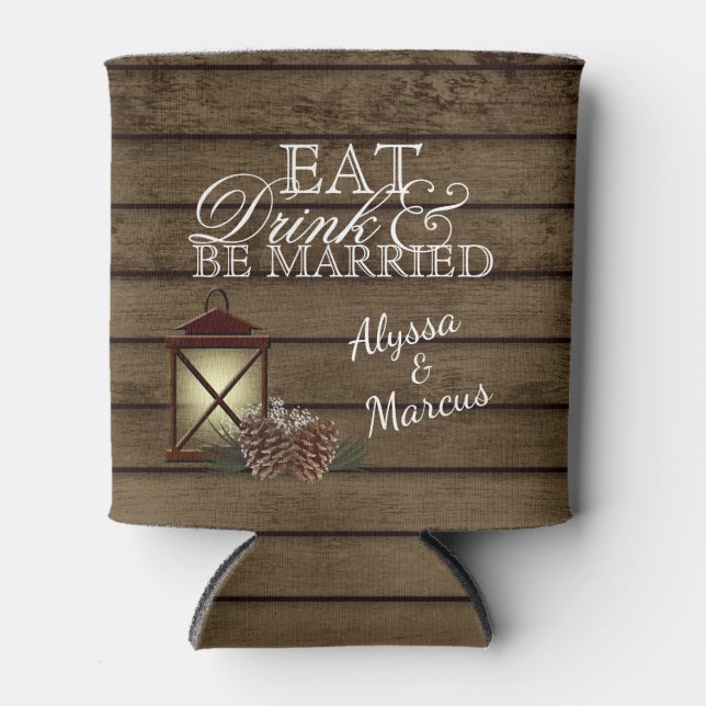 Lantern and Pinecones Barn Wood Can Cooler (Front)