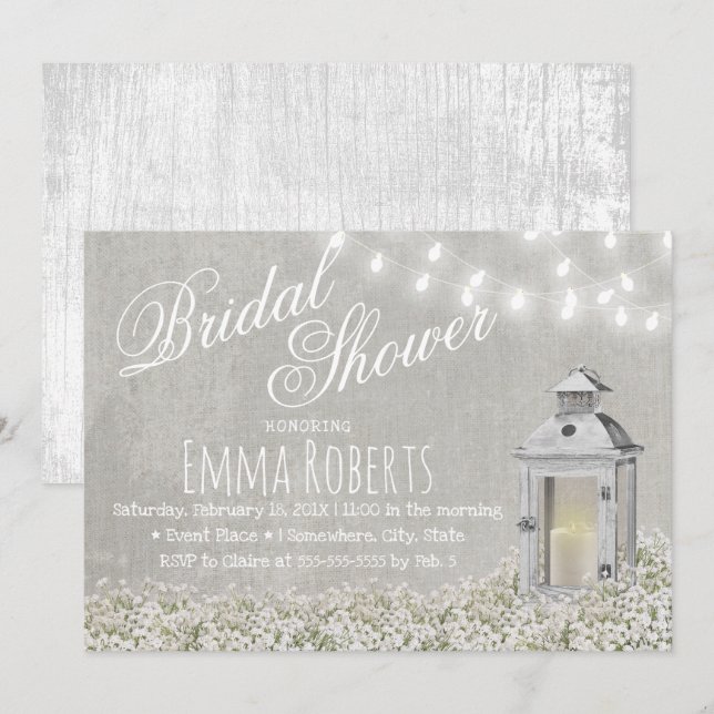 Lantern & Baby's Breath Rustic Bridal Shower Invitation (Front/Back)