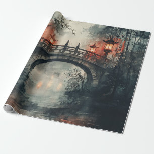 Lantern Bridge Moonlight Watercolor Wrapping Paper