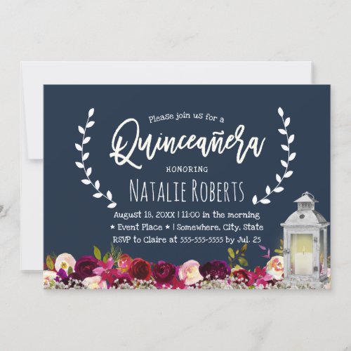 Lantern Burgundy Red Floral Navy Quinceanera 15 Invitation