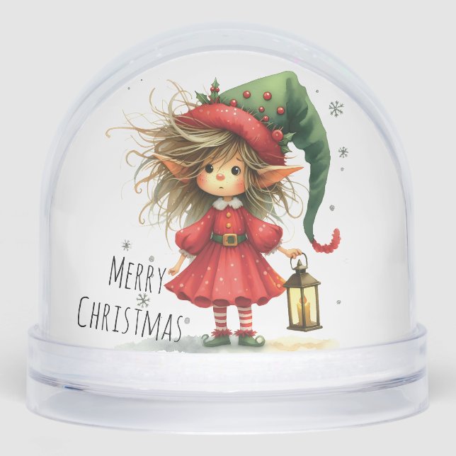 Lantern Elf – Whimsical Christmas  Snow Globe (Front)