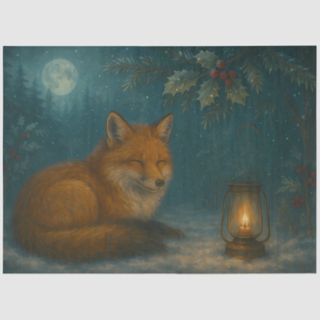 Lantern Fox Under the Holly Moon Winter Decoupage  Tissue Paper (Front)