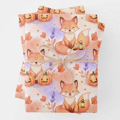 Lantern Foxes &amp; Pumpkin Whimsy – Autumn Woodland P Wrapping Paper Sheets