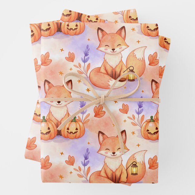 Lantern Foxes & Pumpkin Whimsy – Autumn Woodland P Wrapping Paper Sheets (In situ)
