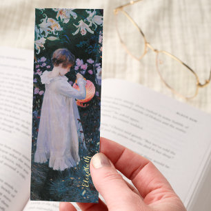 Lantern Girl Flowers Vintage Art Gold Monogrammed Bookmarks