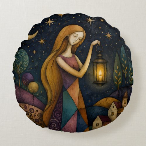 LANTERN GIRL UNDER BLUE STARRY SKY ROUND PILLOW