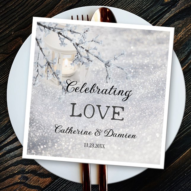 Lantern in Sparkling Snow Winter Wedding Napkins (Paper napkins featuring a candle lit lantern in sparkling snow. Beautiful for a winter wedding)