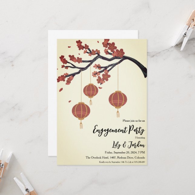 Lantern in Tree backyard engagement party Invitation (Front/Back In Situ)