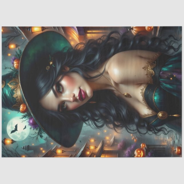 Lantern-Lit Halloween Witch with Pumpkins and Goth Tissue Paper (Front)