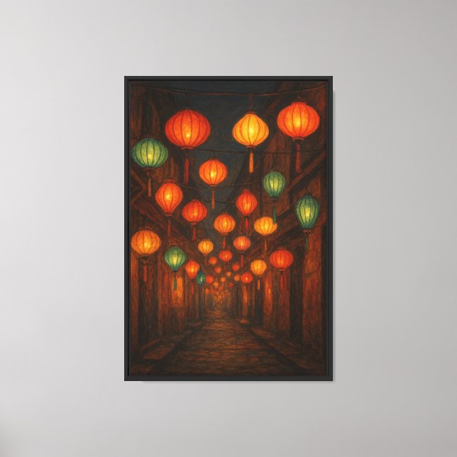 Lantern Market Scene – Glowing Alleyway Lights Canvas Print (Front)