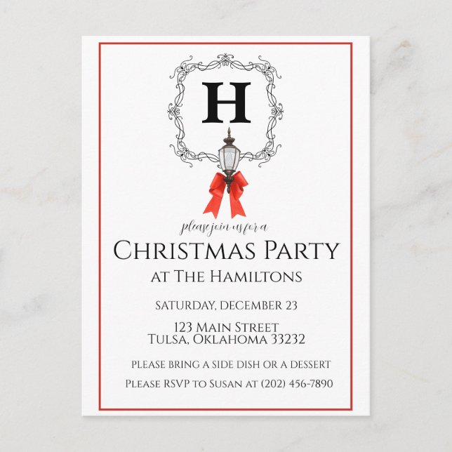 Lantern Red Stripe Christmas Party Invitation Postcard (Front)