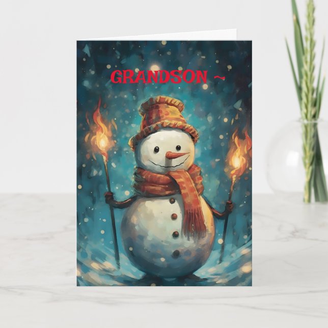 LANTERN SNOWMAN GRANDSON CHRISTMAS CARDD THANK YOU CARD (Front)