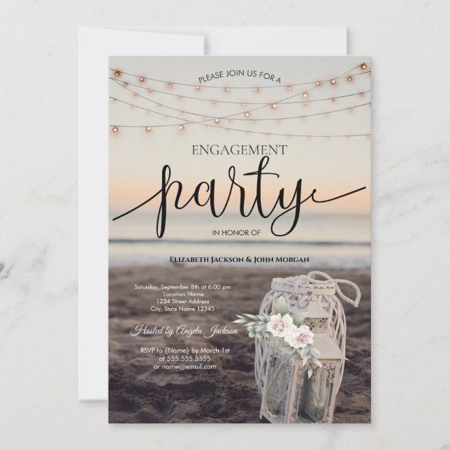 Lantern,String Lights,Flowers,Beach Engagement   Invitation (Front)