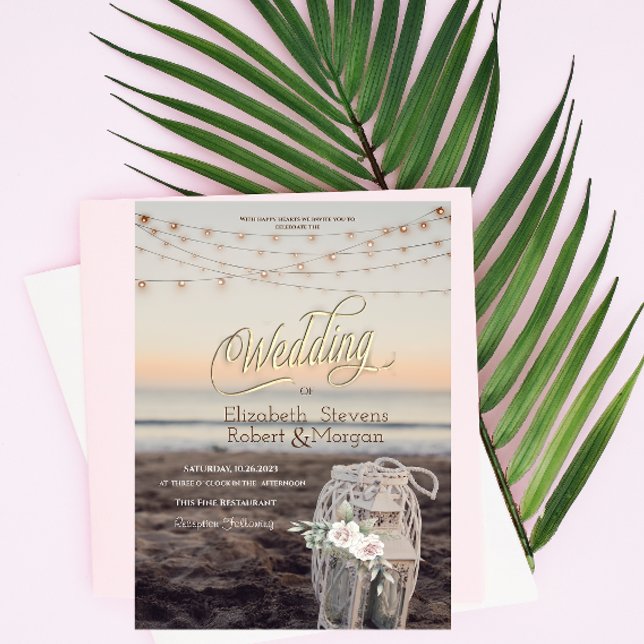 Lantern,String Lights,Flowers,Beach Wedding Invitation (Creator Uploaded)