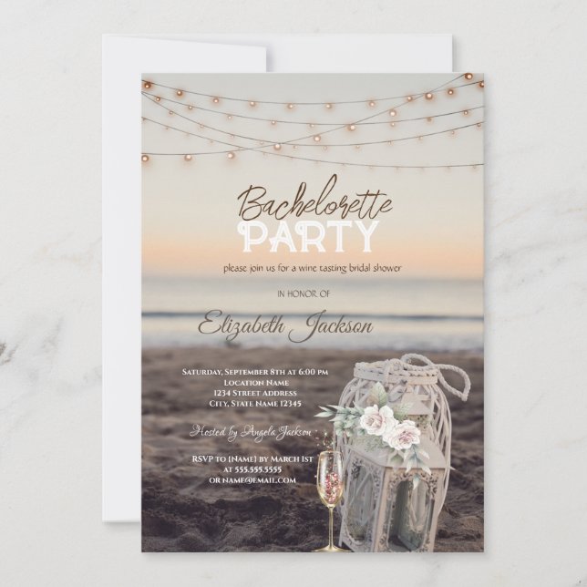 Lantern,String Lights,Flowers Glass Bachelorette  Invitation (Front)