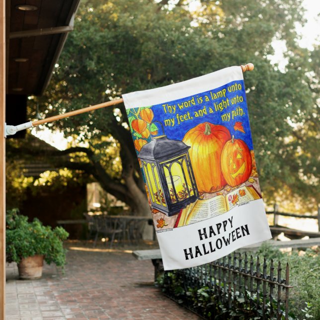 Lantern to My Feet Halloween House Flag (In SItu)