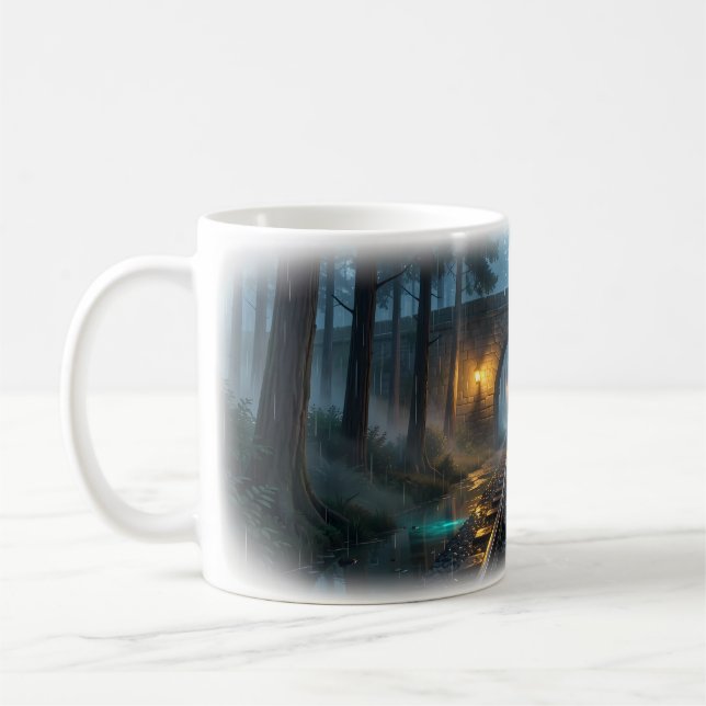 Lanterned Rain Railway Through Pines Mug (Left)
