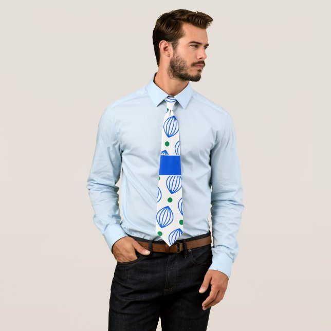 Lanterns Beige Blue Minimal Pattern Neck Tie (In Situ)