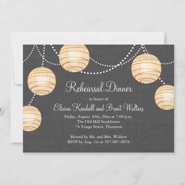 Lanterns on Gray Burlap Rehearsal Dinner Invite (Front)