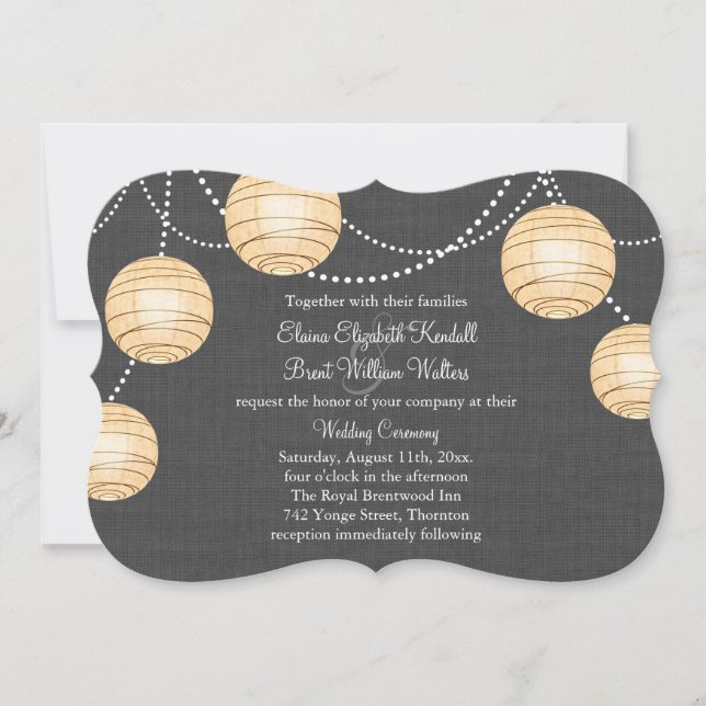 Lanterns on Gray Burlap Wedding Invitation 2 (Front)