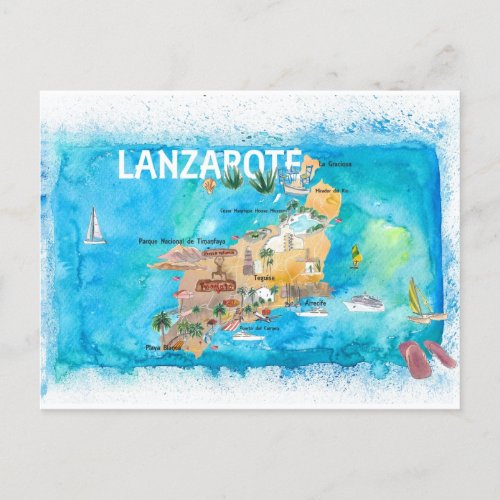 Lanzarote Canarias Spain Illustrated Map  Holiday Postcard