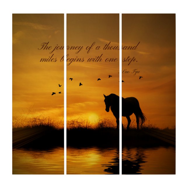 Lao Tzu Thousand Miles Quote with Horse Triptych (Front)