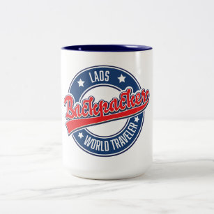 laos backpacker world traveler logo Two-Tone coffee mug
