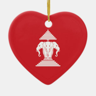 Laotian Erawan 3 Headed Elephant Heart Flag Ceramic Ornament