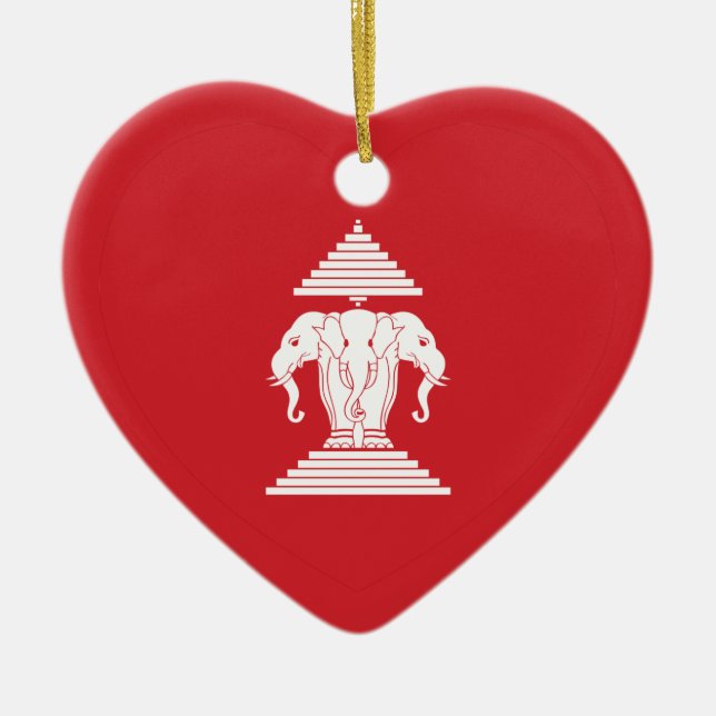 Laotian Erawan 3 Headed Elephant Heart Flag Ceramic Ornament (Front)