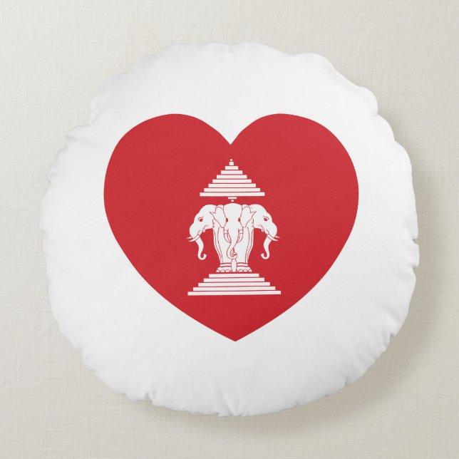 Laotian Erawan 3 Headed Elephant Heart Flag Round Pillow (Front)