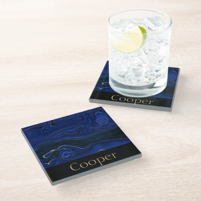 Lapis Blue Agate Swirls Personalized Glass Coaster (Angled)