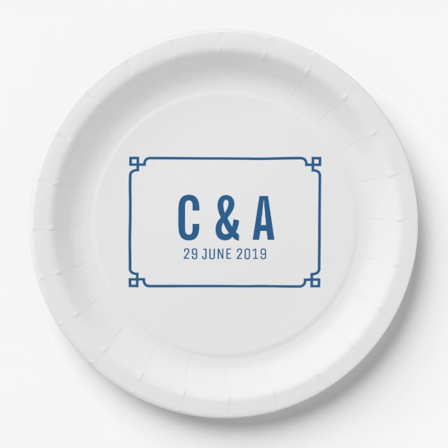 Lapis Blue Deco Chic Wedding Paper Plates (Front)
