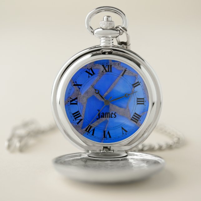 Lapis Blue Mosaic Stained Glass with Your Name Pocket Watch (Inside)
