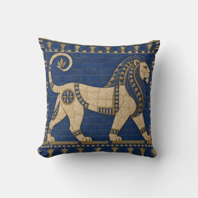 Lapis Blue Ornamental Lion Tile Print Throw Pillow (Front)