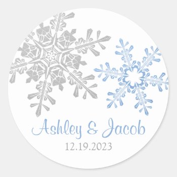 Lapis Blue Silver Snowflake Wedding  Classic Round Sticker by wasootch at Zazzle