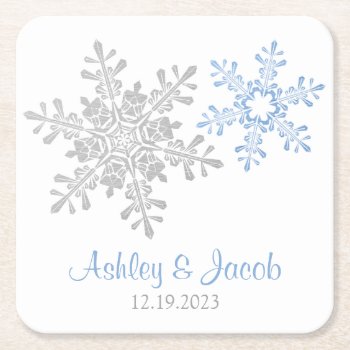 Lapis Blue Silver Snowflake Wedding  Square Paper Coaster by wasootch at Zazzle