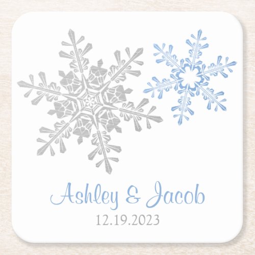 Lapis Blue Silver Snowflake Wedding  Square Paper Coaster