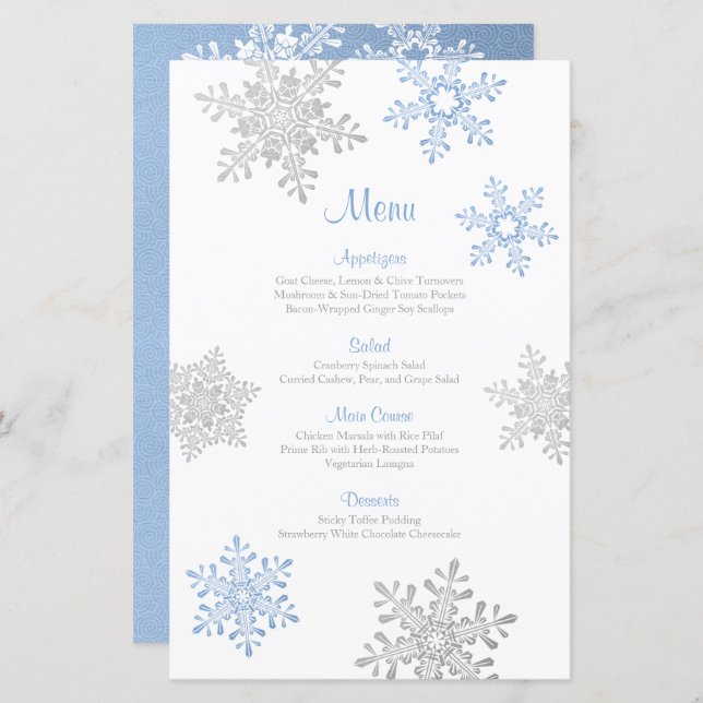 Lapis Blue Silver Snowflake Winter Wedding Menu (Front/Back)
