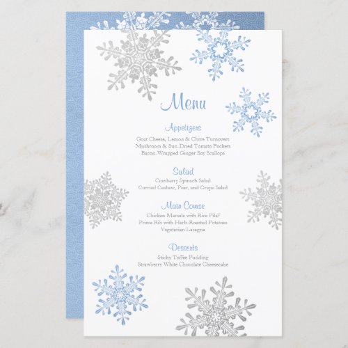 Lapis Blue Silver Snowflake Winter Wedding Menu