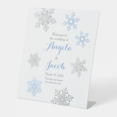 Lapis Blue Silver Snowflake Winter Wedding Pedestal Sign