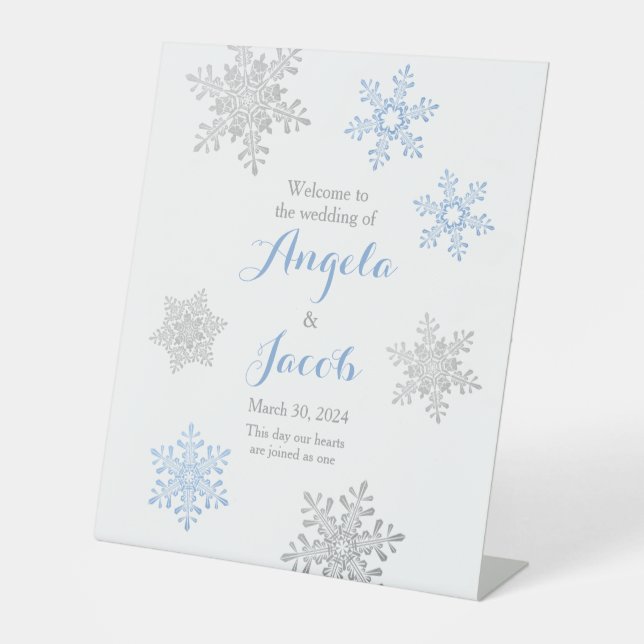 Lapis Blue Silver Snowflake Winter Wedding Pedestal Sign (Front)