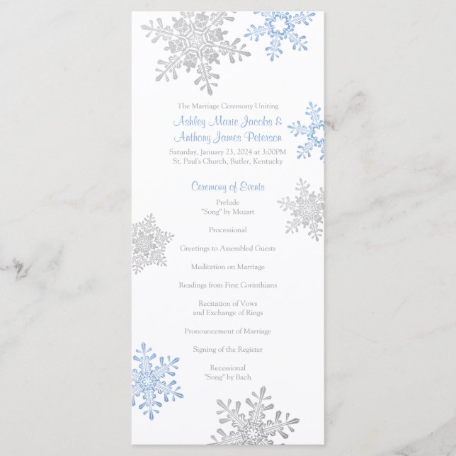Lapis Blue Silver Snowflake Winter Wedding Program (Front)