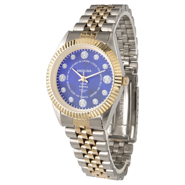 Lapis Lazuli Blue Diamond Custom Saying Dial Gift Watch (Angled)