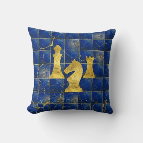 Lapis Lazuli Chessboard and Gold Chess Pieces Throw Pillow