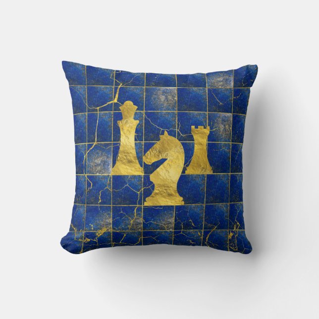 Lapis Lazuli Chessboard and Gold Chess Pieces Throw Pillow (Front)