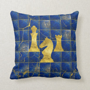 Lapis Lazuli Chessboard and Gold Chess Pieces Throw Pillow