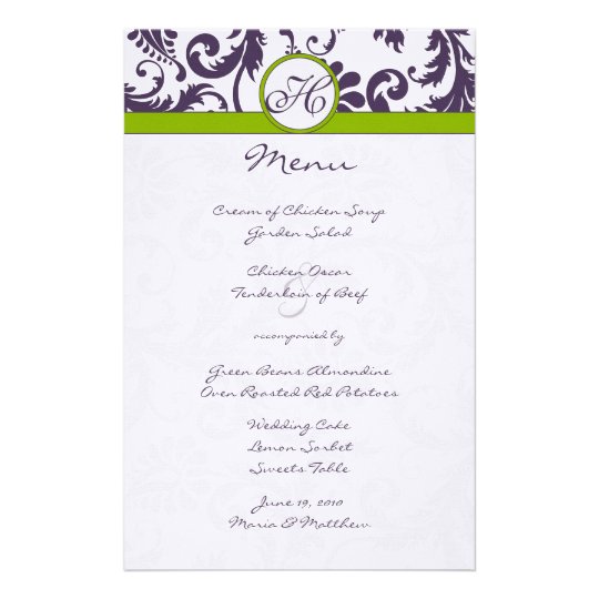 Lapis Purple and Apple Green Damask Wedding Menu