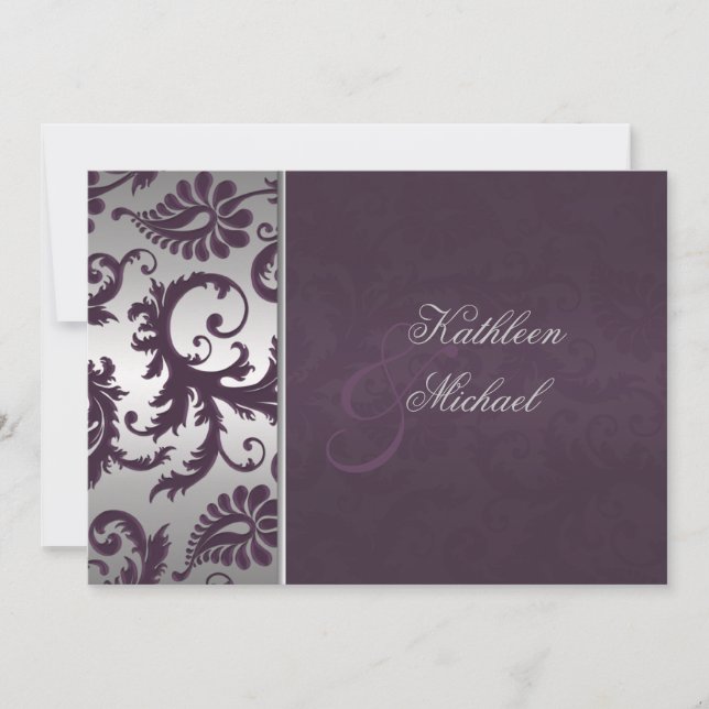 Lapis Purple and Silver Damask Wedding Invitation (Front)