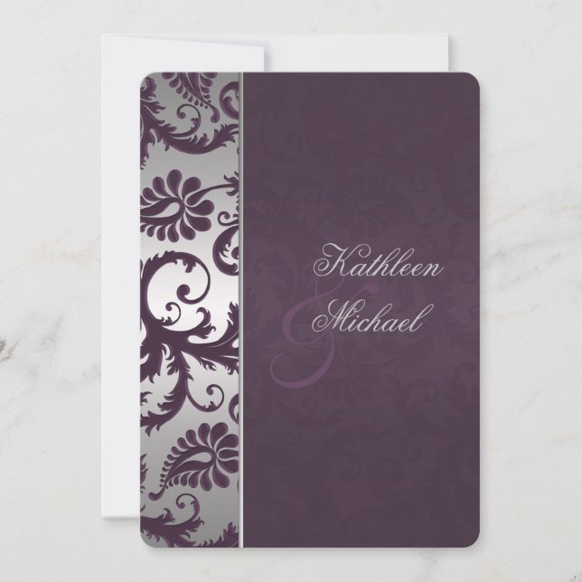 Lapis Purple and Silver Damask Wedding Invitation (Front)